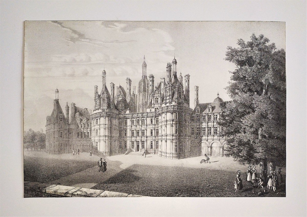 Chambord Castle Lithograph  19th Century Old Print-photo-2