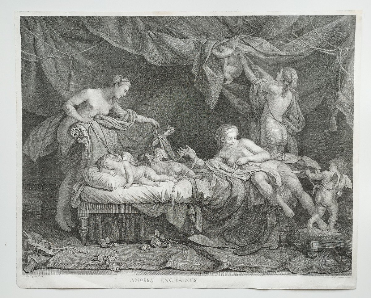 Gravure Ancienne Mythologique Amours Enchaînés 18ème-photo-2