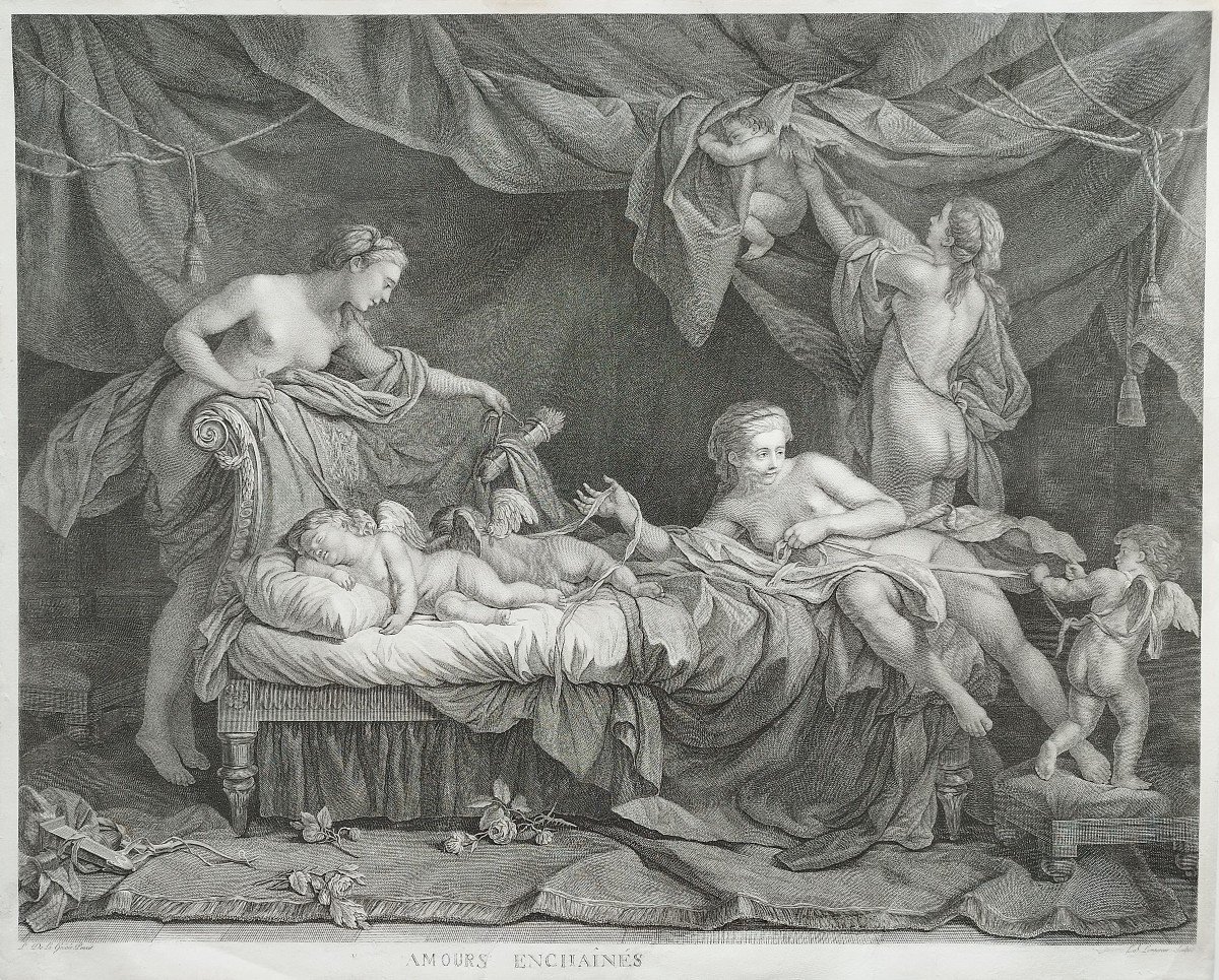 Gravure Ancienne Mythologique Amours Enchaînés 18ème-photo-3