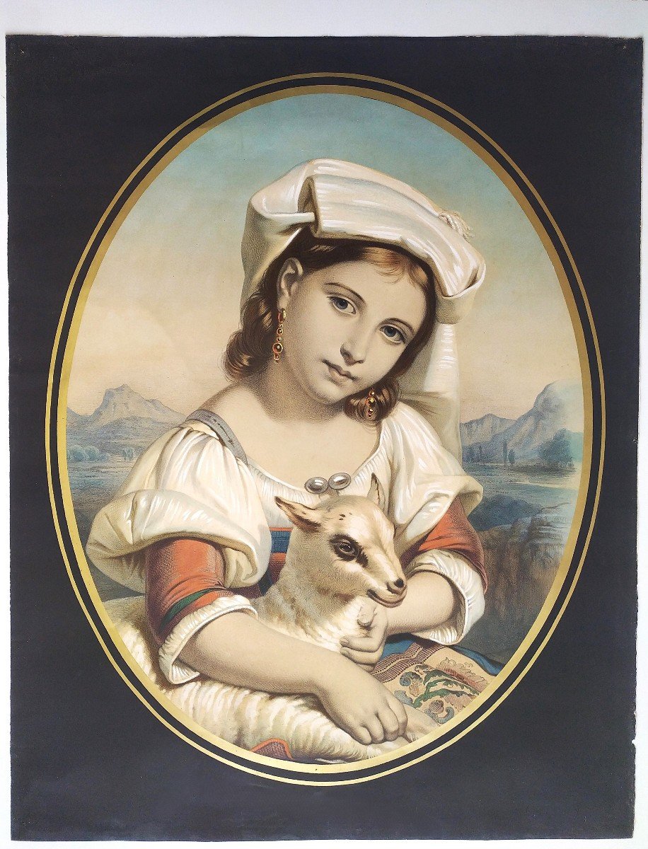 Italienne Avec Un Agneau, Lithographie Aquarellée XIXème-photo-2