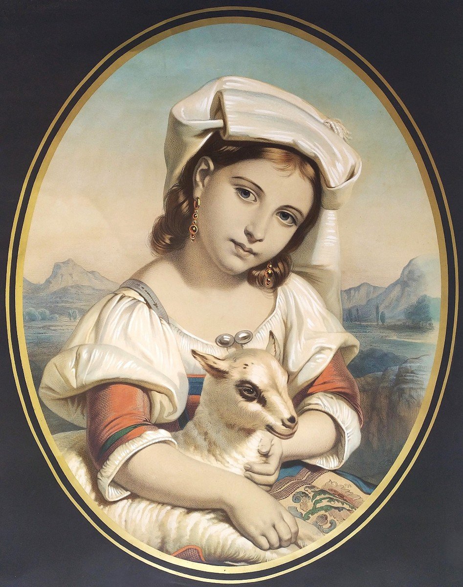 Italienne Avec Un Agneau, Lithographie Aquarellée XIXème-photo-4