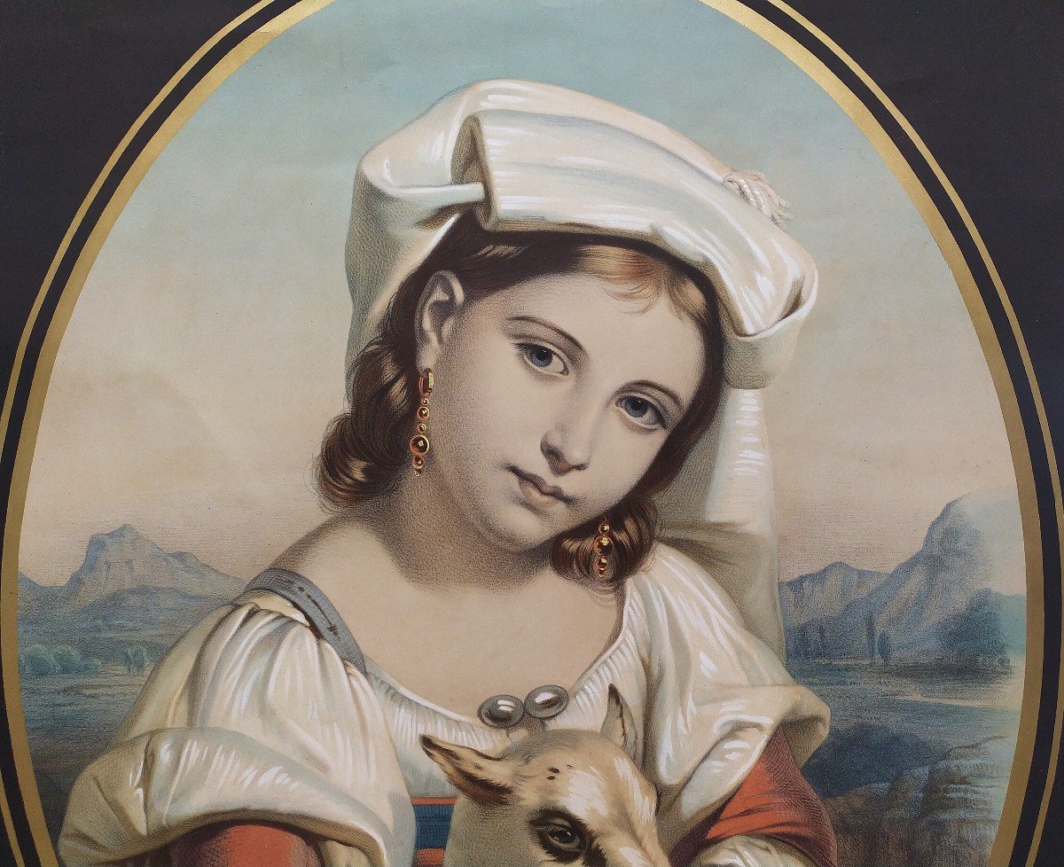 Italienne Avec Un Agneau, Lithographie Aquarellée XIXème-photo-2