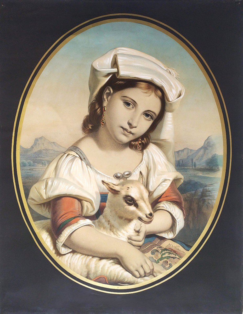 Italienne Avec Un Agneau, Lithographie Aquarellée XIXème