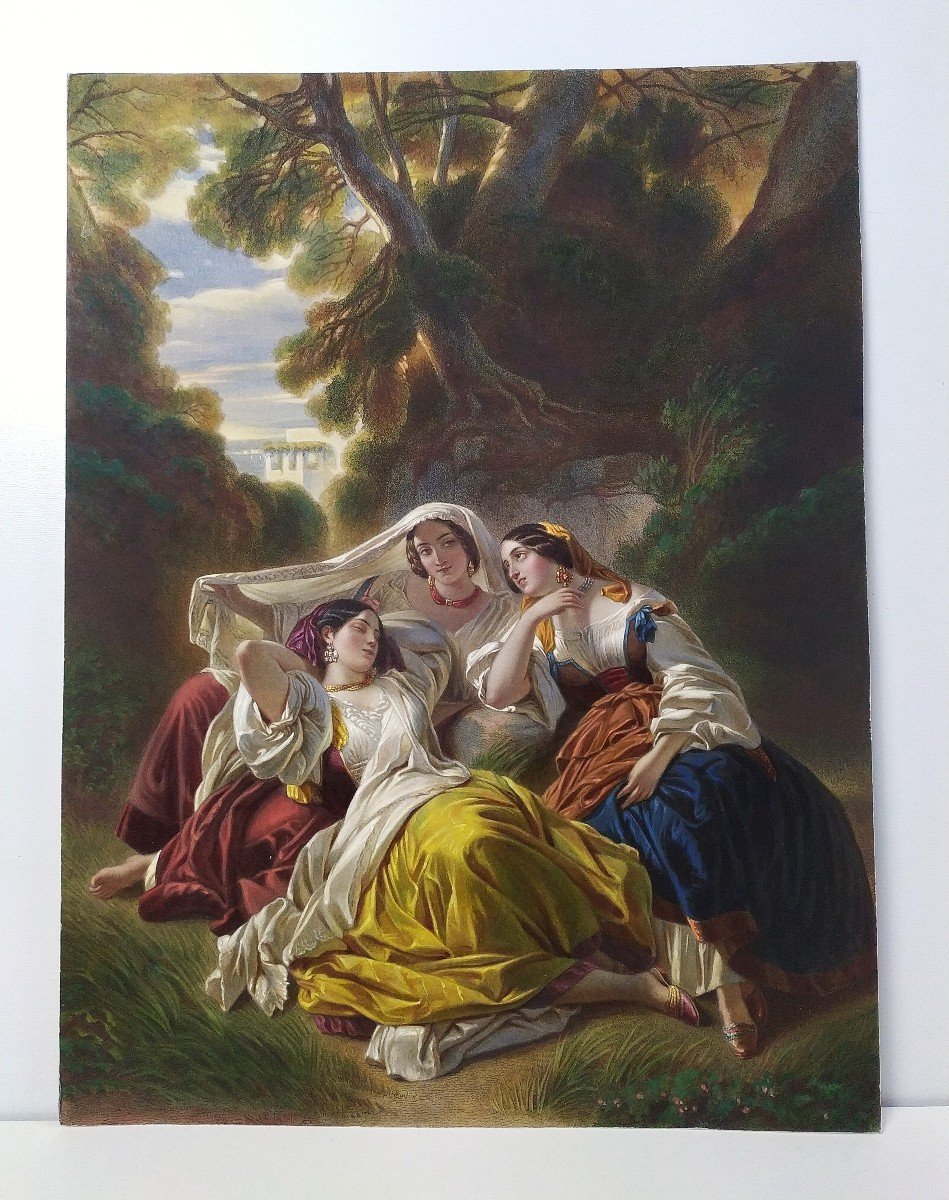 Femmes Italiennes Gravure Ancienne Aquarellée 19ème-photo-2