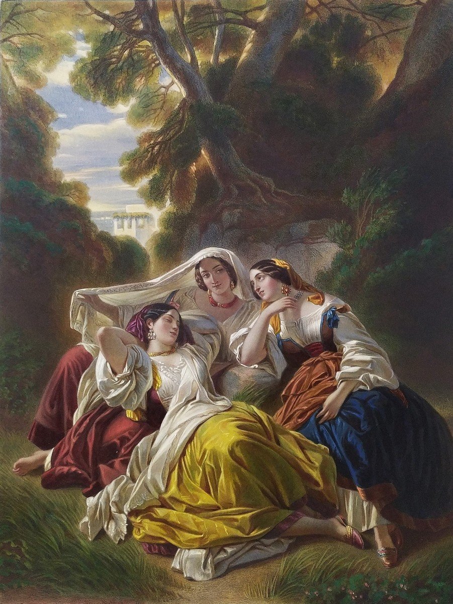 Femmes Italiennes Gravure Ancienne Aquarellée 19ème