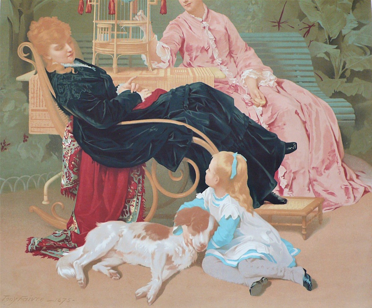 Tony Faivre Ladies In A Greenhouse Very Large Chromolithograph 19th C Old Pint-photo-1