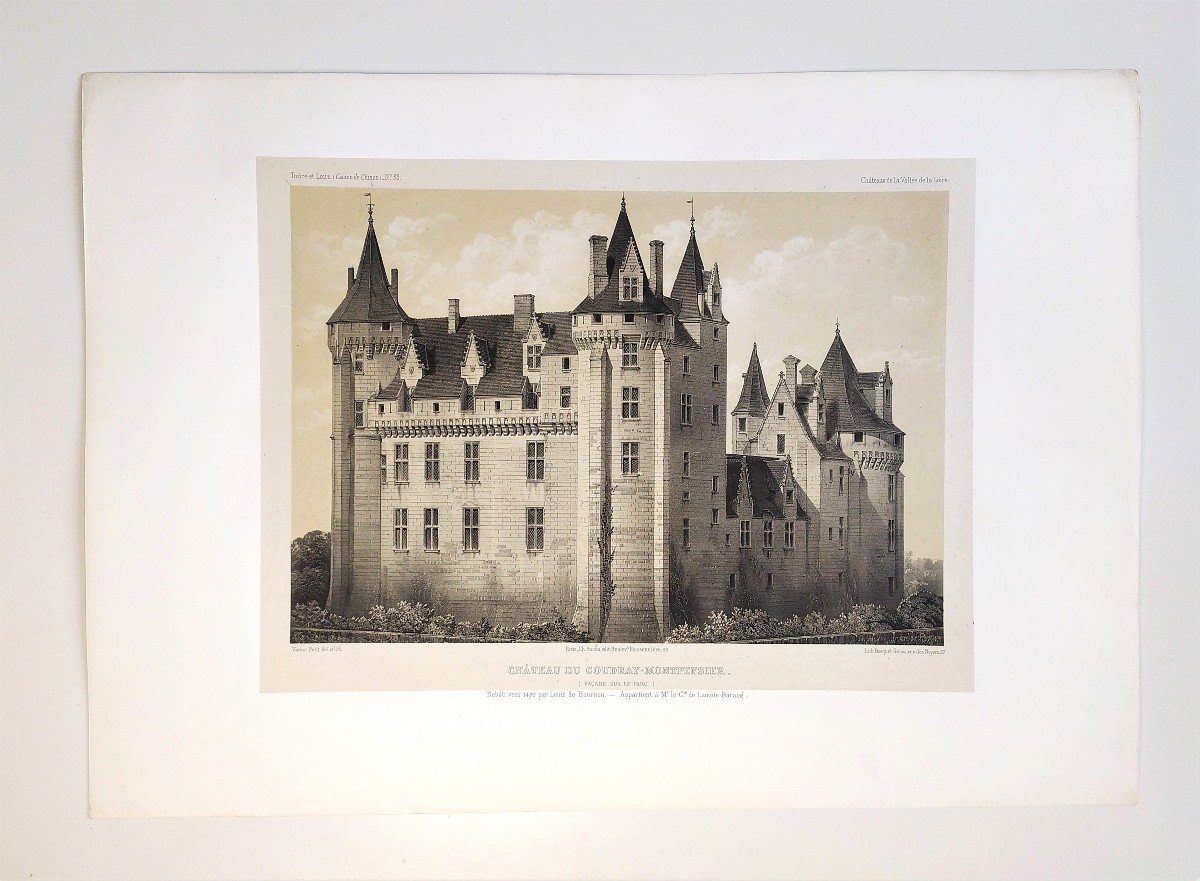  French Castle Coudray-montpensier Lithograph By Victor Petit 19th C Old Print  Architecture -photo-2