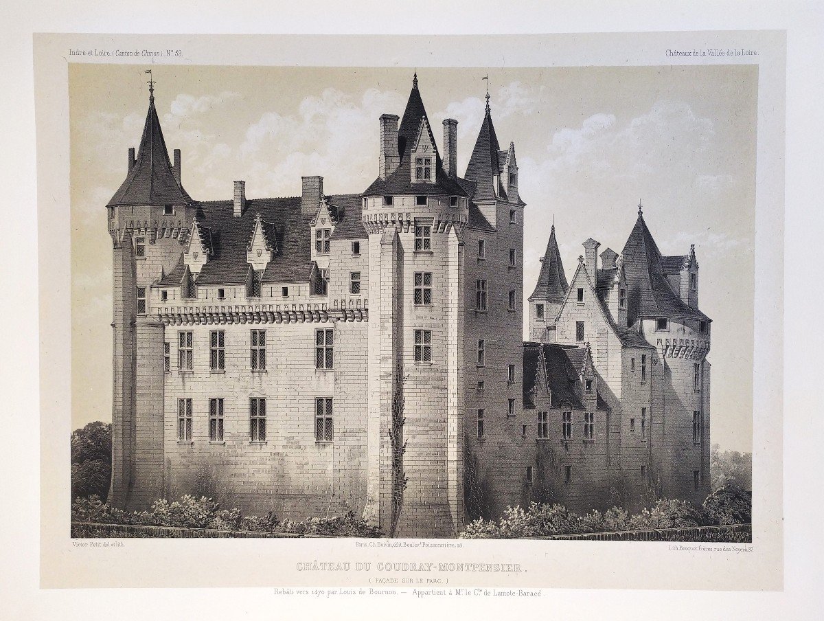  French Castle Coudray-montpensier Lithograph By Victor Petit 19th C Old Print  Architecture -photo-3