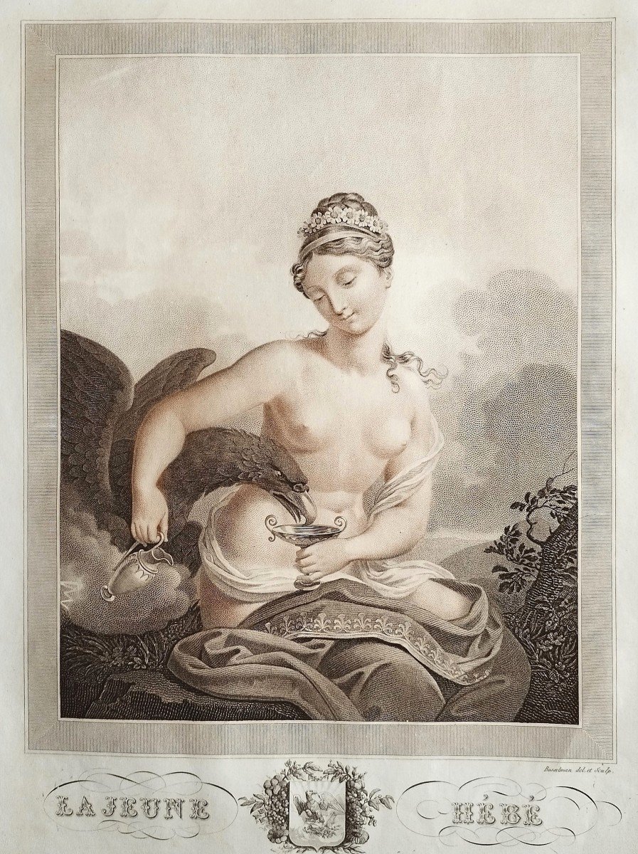 Hebe Goddess Of Youth Mythological Engraving Empire Period By Bosselman 19th C Etching 