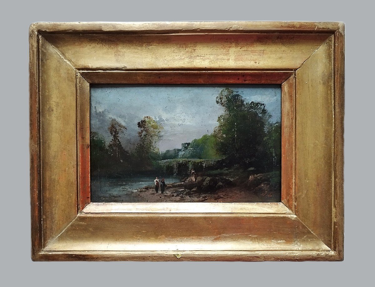 Paysage à La Rivière, école Anglaise John Leech Huile Sur Bois 19ème-photo-2
