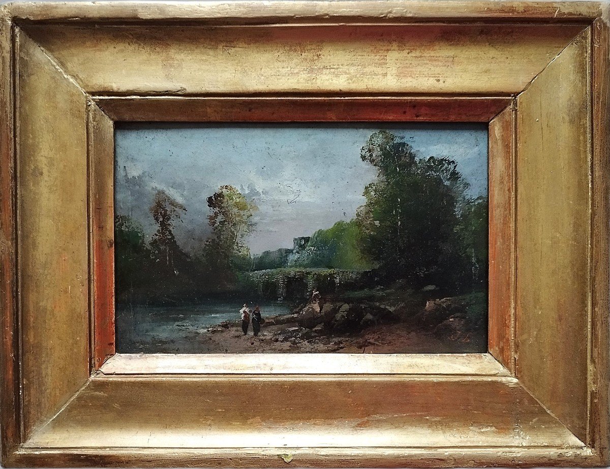 Paysage à La Rivière, école Anglaise John Leech Huile Sur Bois 19ème-photo-3