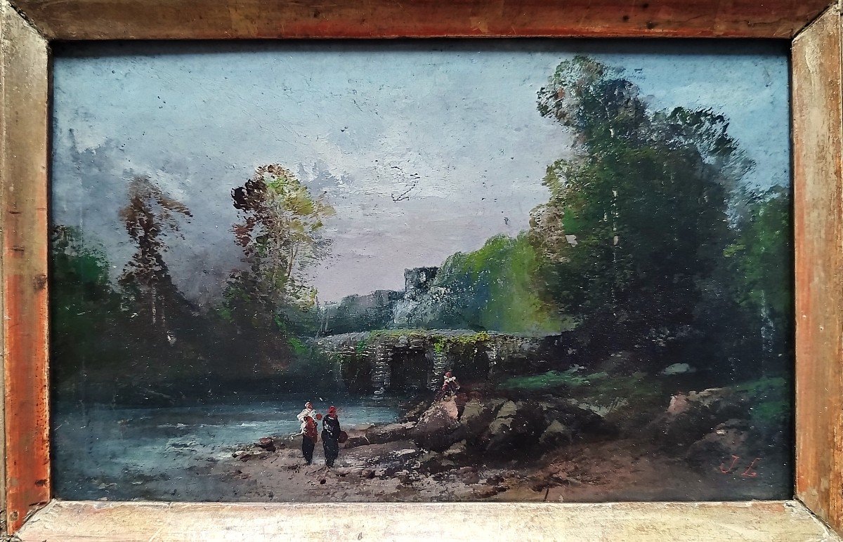 Paysage à La Rivière, école Anglaise John Leech Huile Sur Bois 19ème-photo-1
