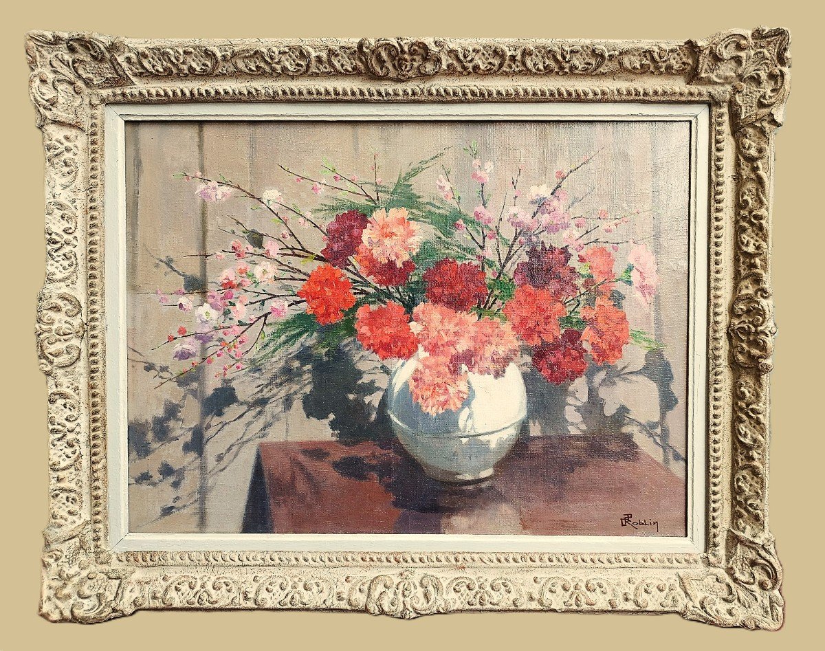 Tableau Huile Sur Toile Nature Morte Fleurs  Oeillets Par Jules Roblin 20ème-photo-2