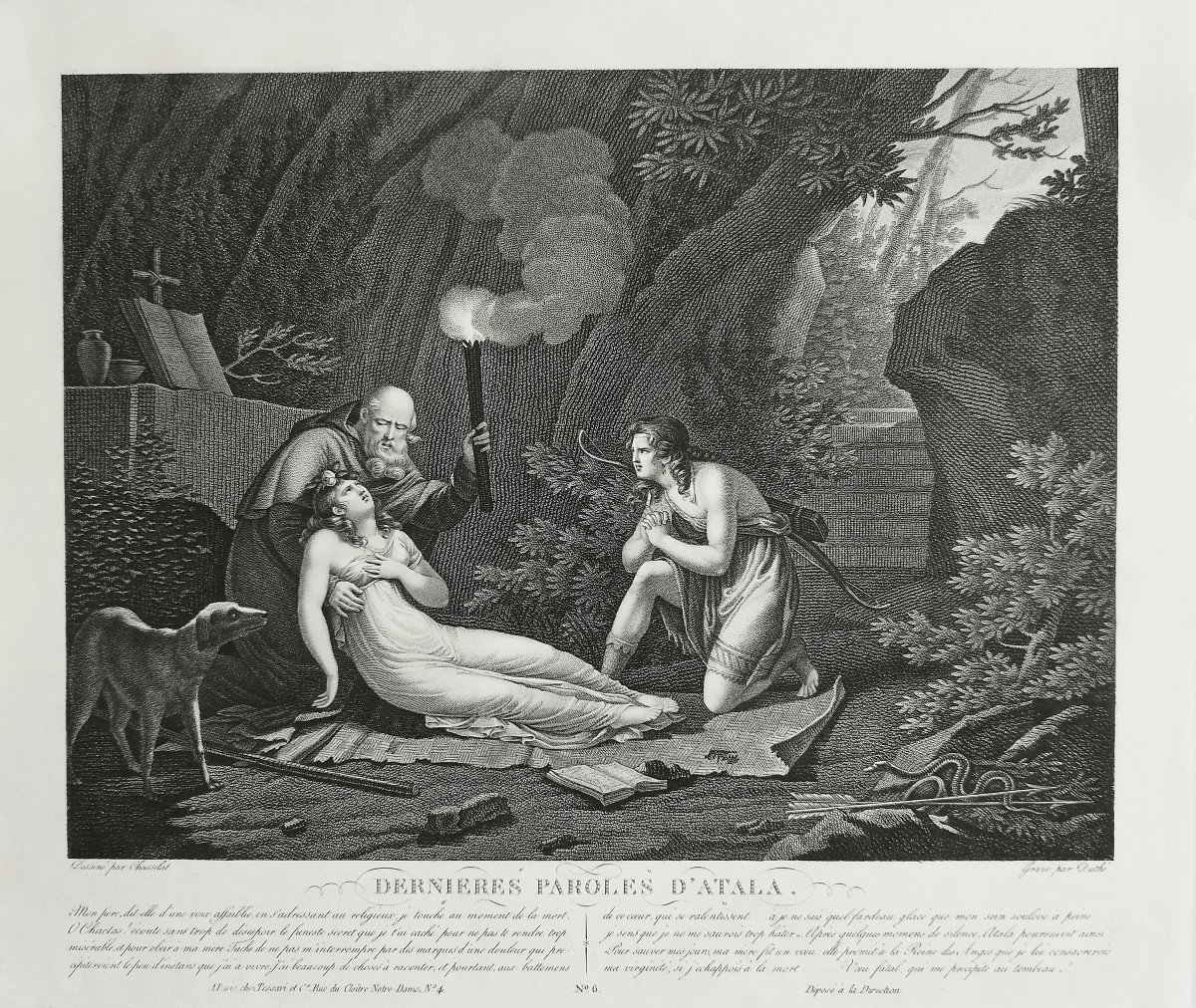Chactas And Atala Etching 19th Century Engraving Old Print-photo-3
