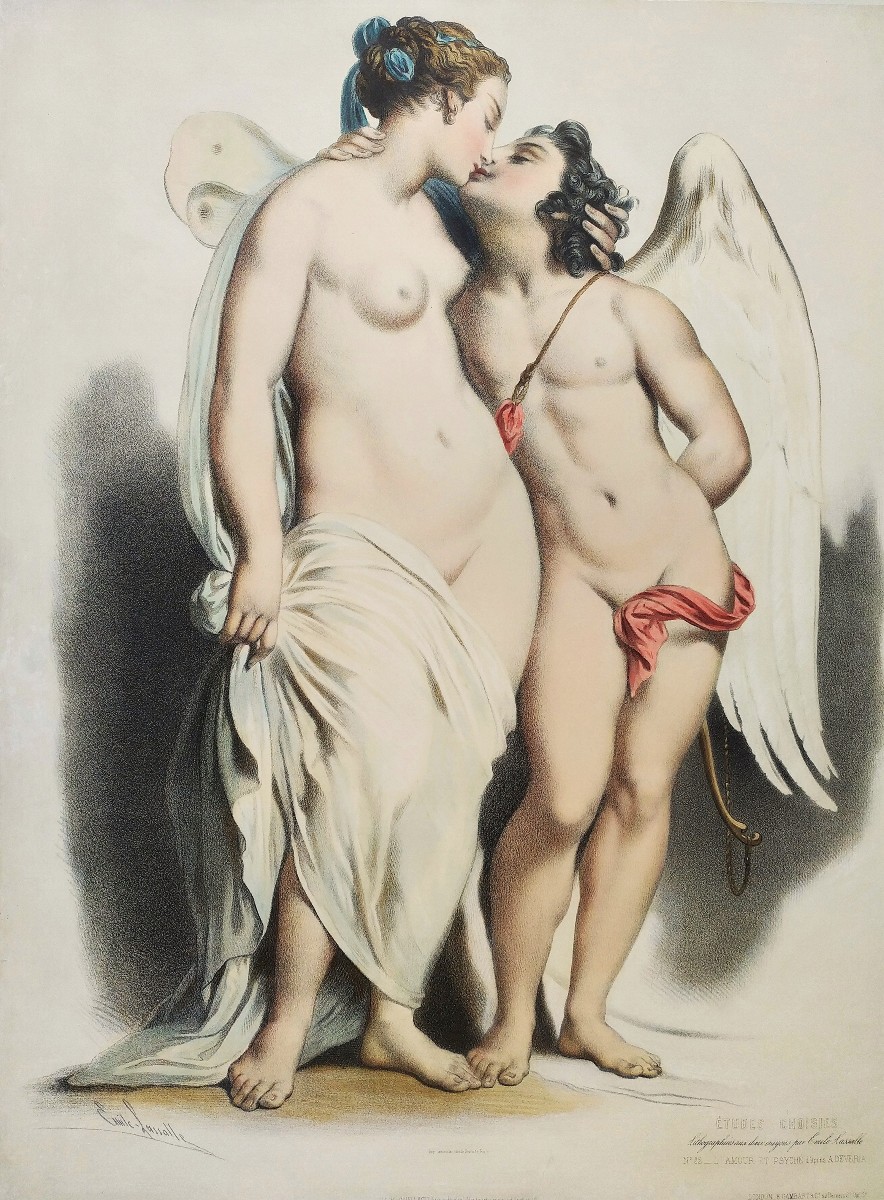 Amour Et Psyché  d'Après Achille Devéria Ancienne Lithographie Aquarellée Par Emile Lassalle
