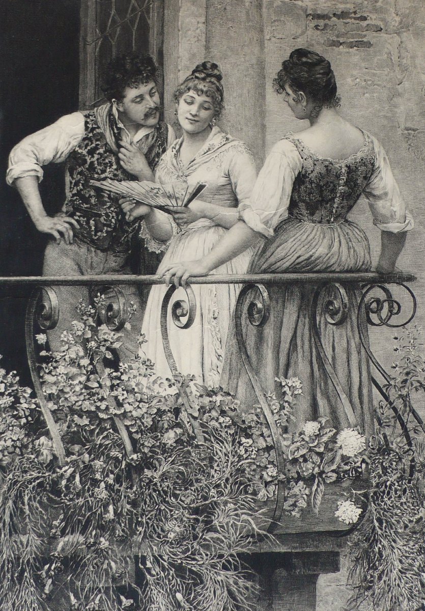 Gravure  Ancienne Scène Italienne Romantique d'Après Eugen De Blaas 19ème-photo-1