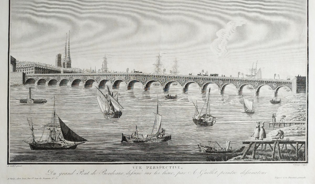 Le pont de pierre de Bordeaux Gravure Architecture Ancienne 19ème-photo-1