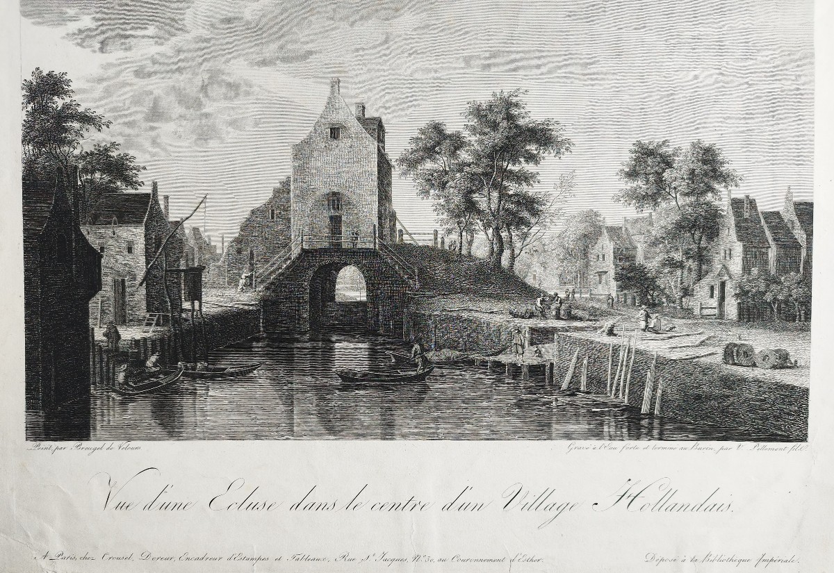 Antique Engraving Of A Dutch Village By Victor Pillement After Breugel, 19th Century-photo-1
