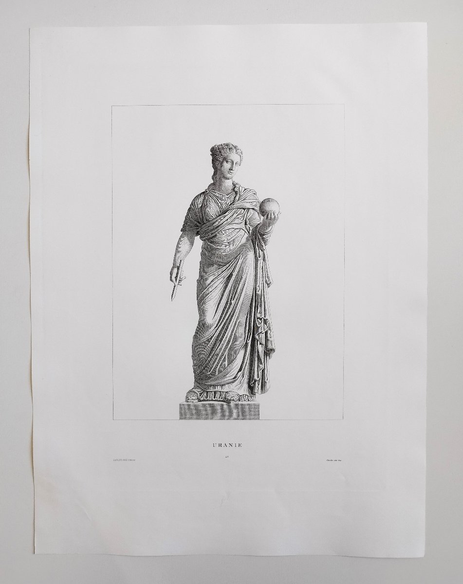 Etching Urania Mythological Engraving Greek Goddess 19th C Old Print-photo-2