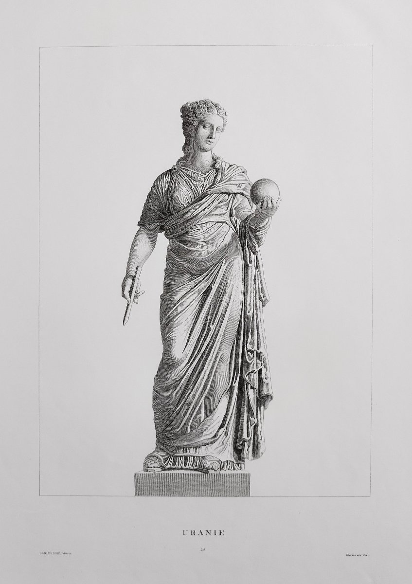 Etching Urania Mythological Engraving Greek Goddess 19th C Old Print-photo-4