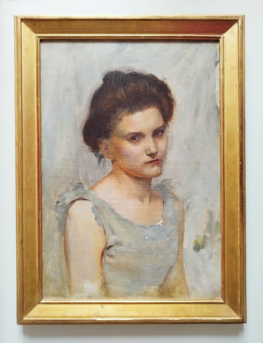 Charles Devillié Portrait De Femme En Robe Bleue Huile Sur Toile-photo-2