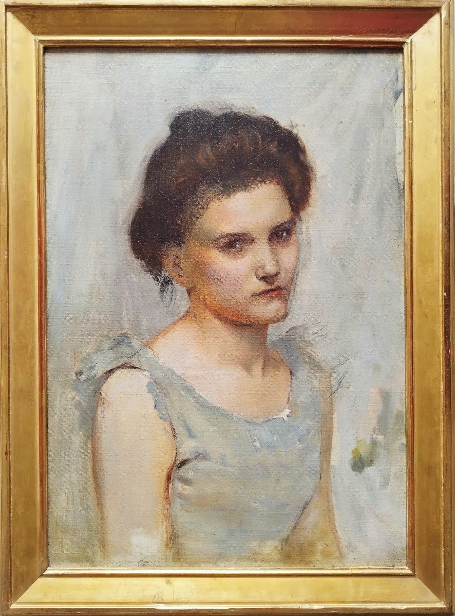 Charles Devillié Portrait De Femme En Robe Bleue Huile Sur Toile
