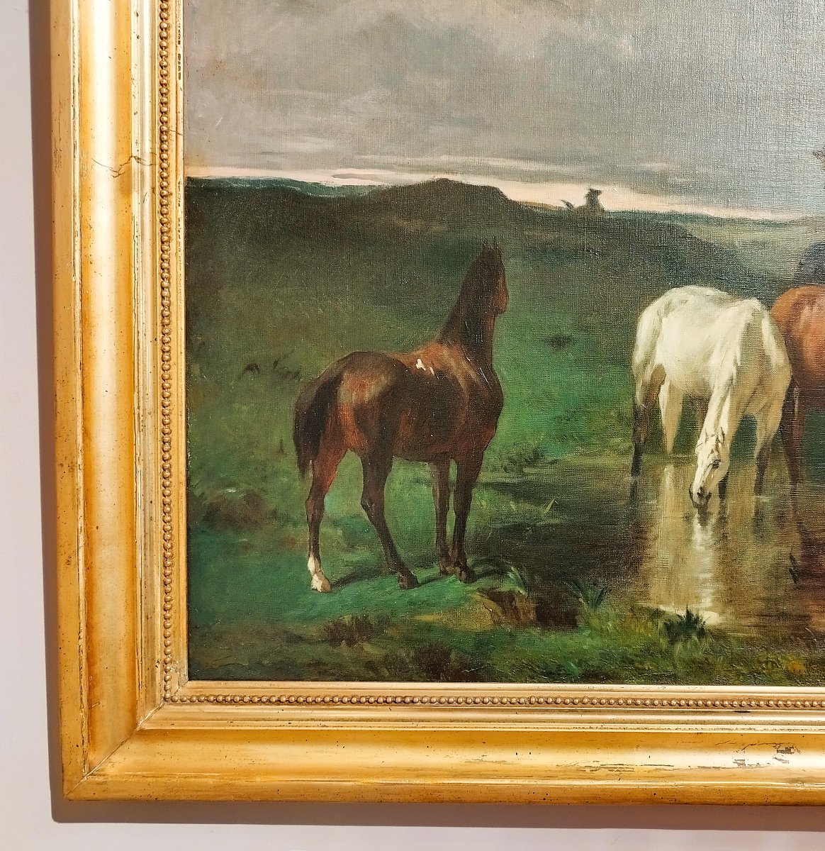 Horses Night Landscape Oil Painting 19th Century-photo-3
