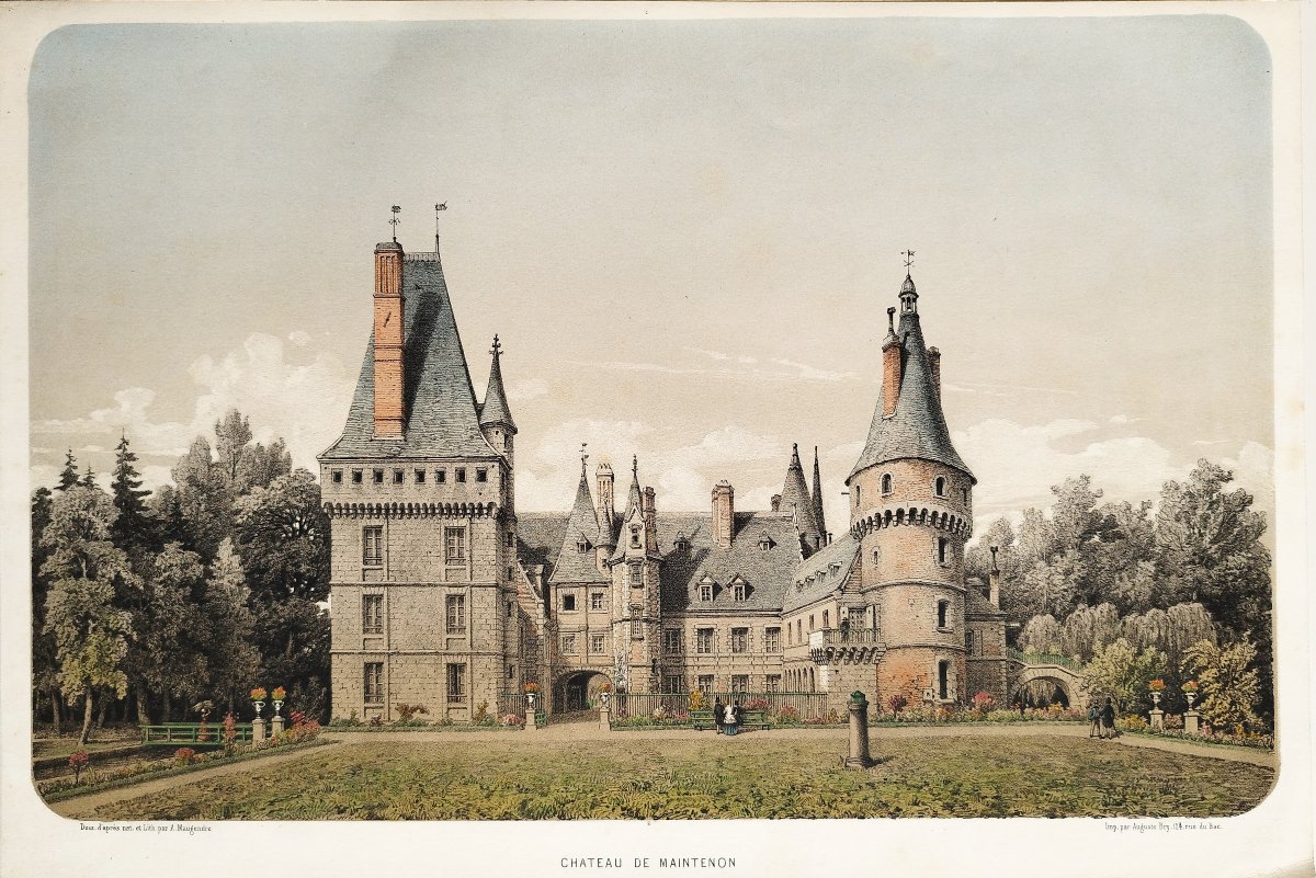Maintenon  French Castle  Watercolored Lithograph 19th Century Old Print-photo-3