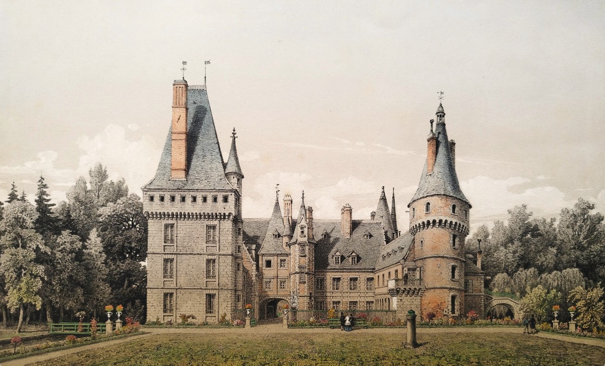 Maintenon  French Castle  Watercolored Lithograph 19th Century Old Print-photo-1