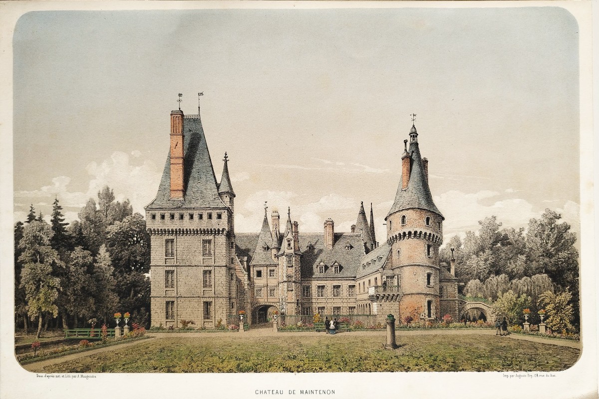 Maintenon  French Castle  Watercolored Lithograph 19th Century Old Print
