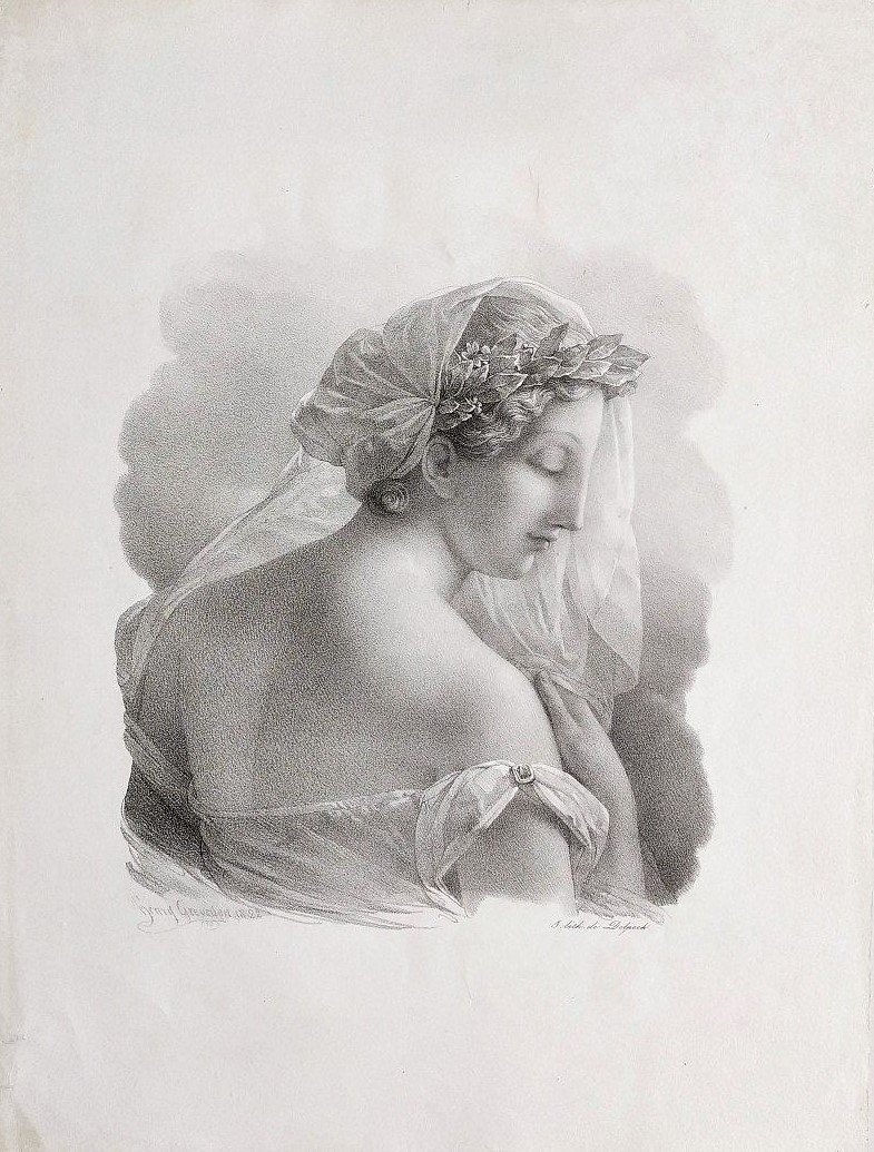 Neoclassical Lithograph Portrait Of A Lady After Henri Grévedon Antique Old Print 19th C-photo-3