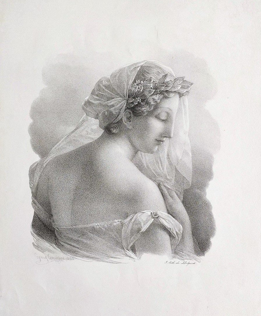 Neoclassical Lithograph Portrait Of A Lady After Henri Grévedon Antique Old Print 19th C-photo-4