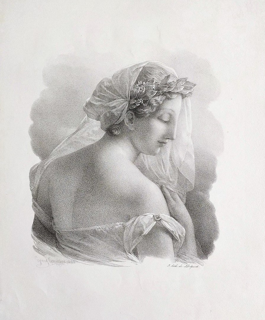 Neoclassical Lithograph Portrait Of A Lady After Henri Grévedon Antique Old Print 19th C