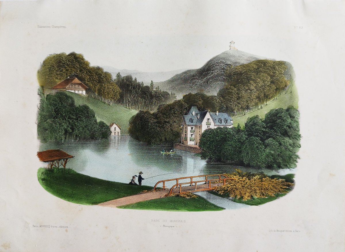 Lithograph By Victor Petit  Burgundy Landscape 19th Century Old Print-photo-3