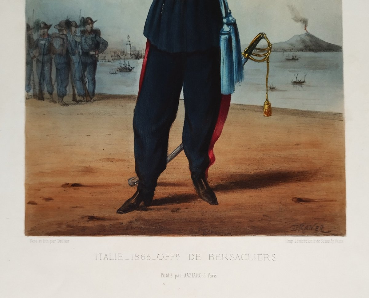  Caricature types militaires Italie officier de Bersaglier par Draner lithographie 19ème -photo-4