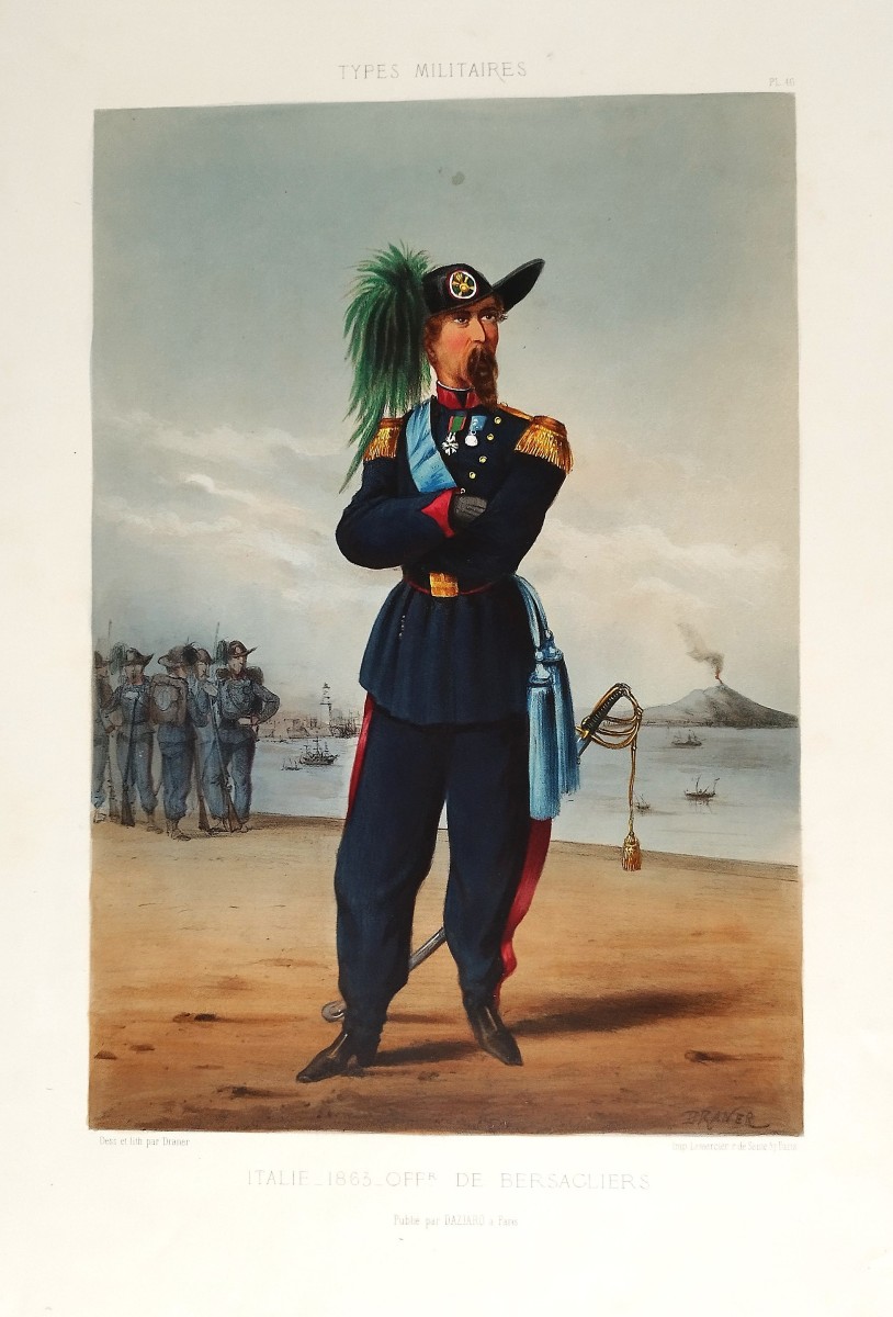  Caricature types militaires Italie officier de Bersaglier par Draner lithographie 19ème 