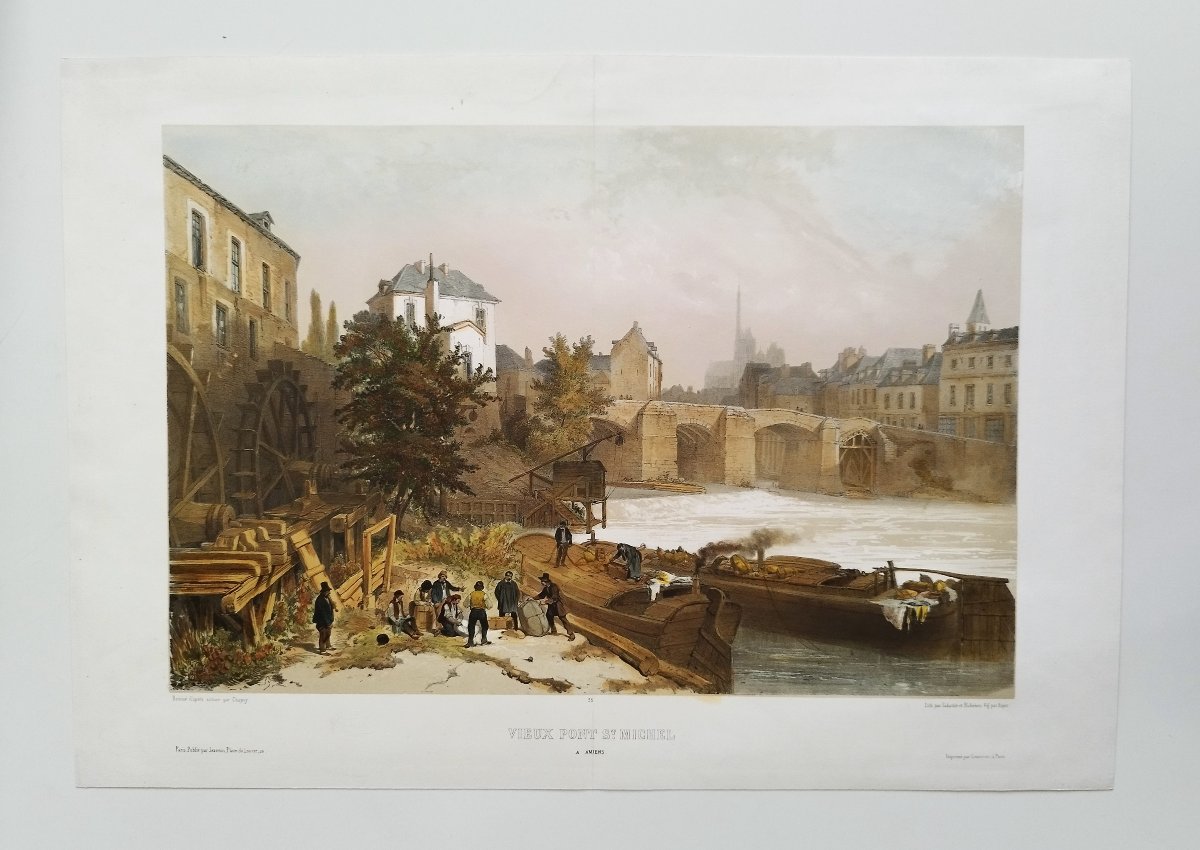 Amiens St Michel Bridge Watercolored Lithograph 19th C Old Print-photo-2