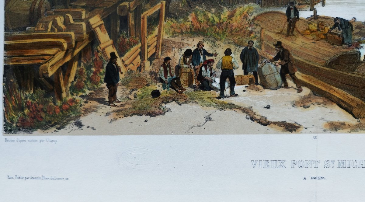 Amiens St Michel Bridge Watercolored Lithograph 19th C Old Print-photo-1