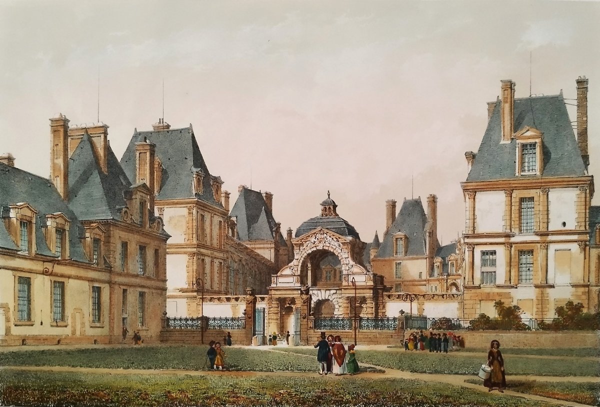 Château De Fontenebleau Lithographie Aquarellée par Philippe Benoist 19ème-photo-1