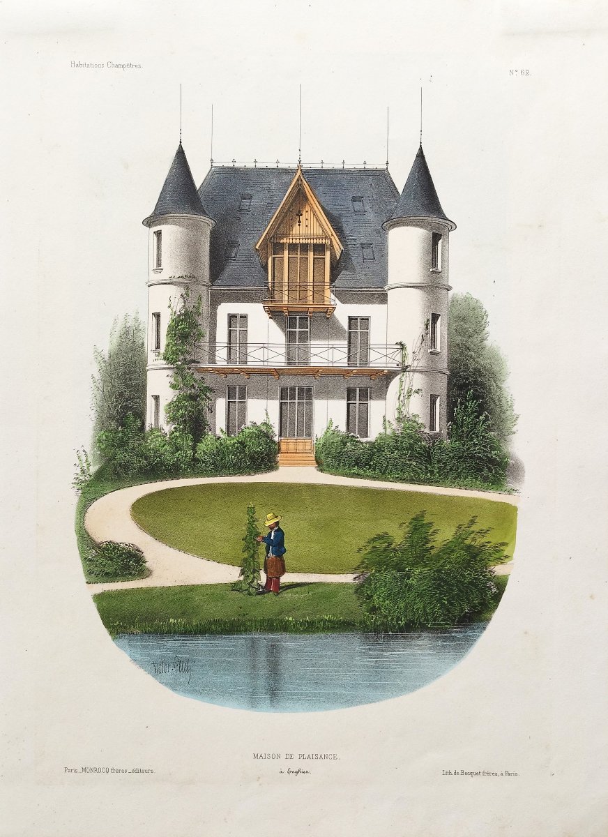 Enghien Pleasure House Watercolored Lithograph By Victor 19th Century Old Print-photo-3