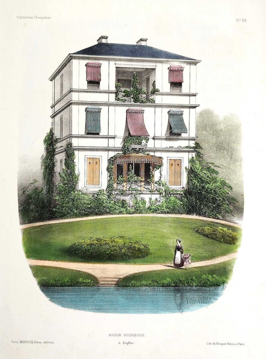 Architecture Enghien Bourgeois House Watercolored Lithograph By Victor Petit 19th C Old Print-photo-4