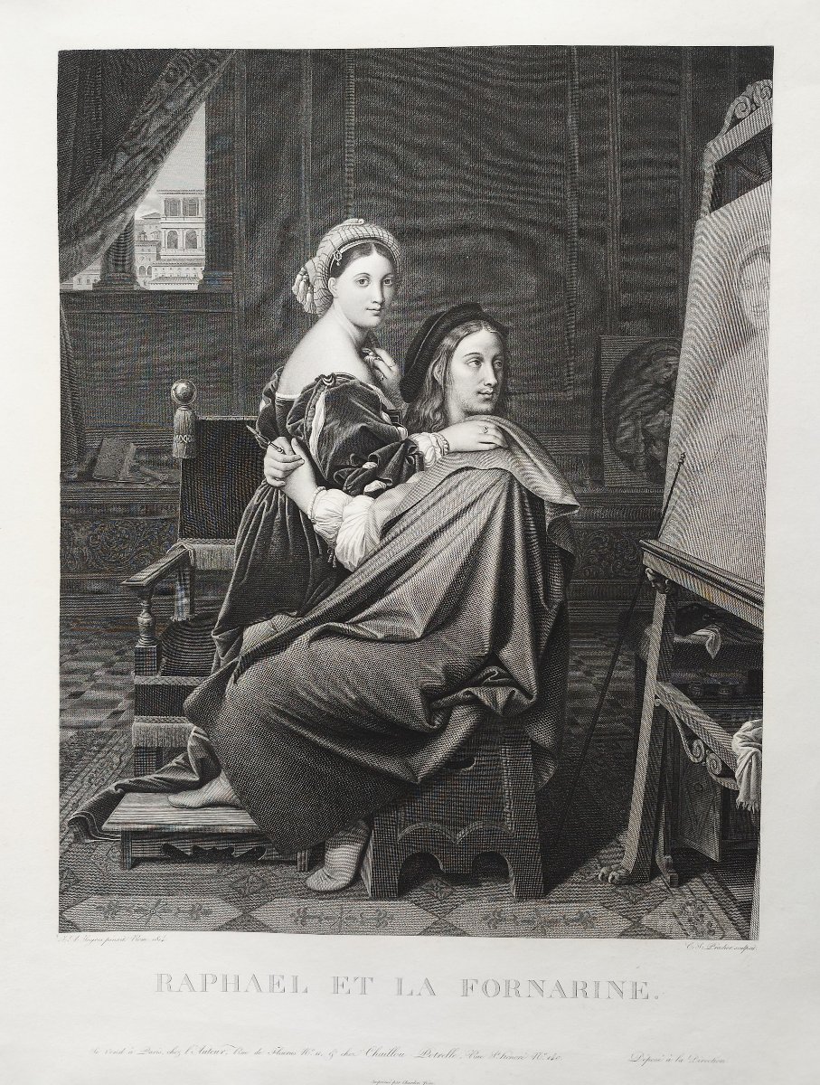 Raphael And La Fornarine Engraving After Ingres 19th Century Old Print-photo-4