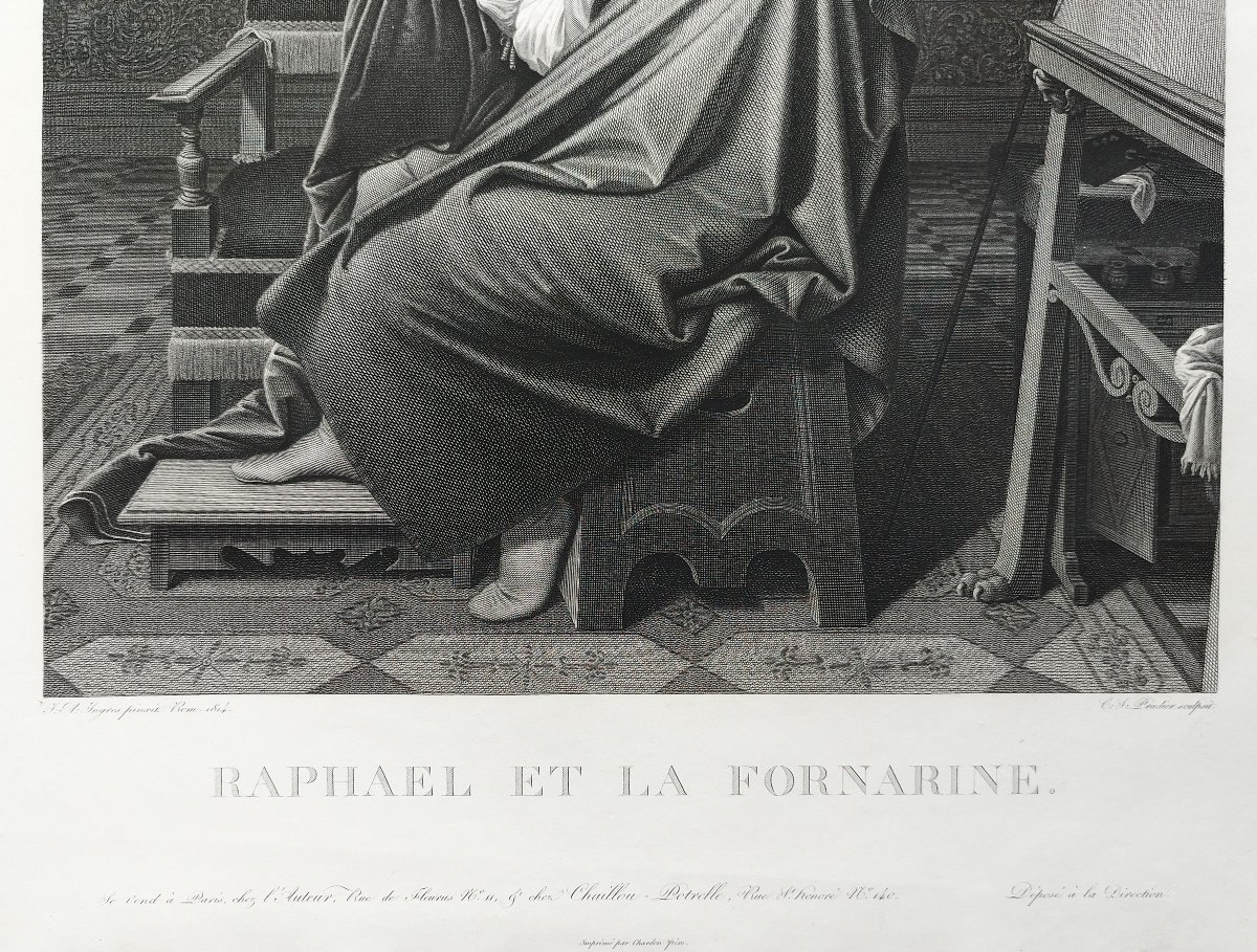 Raphael And La Fornarine Engraving After Ingres 19th Century Old Print-photo-2