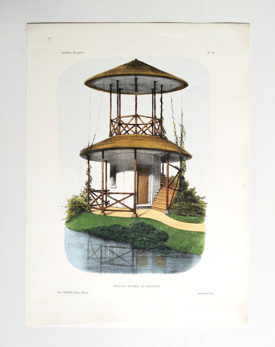 Architecture Pavilion And Belvedere Watercolored Lithograph By Victor Petit 19th Century-photo-2