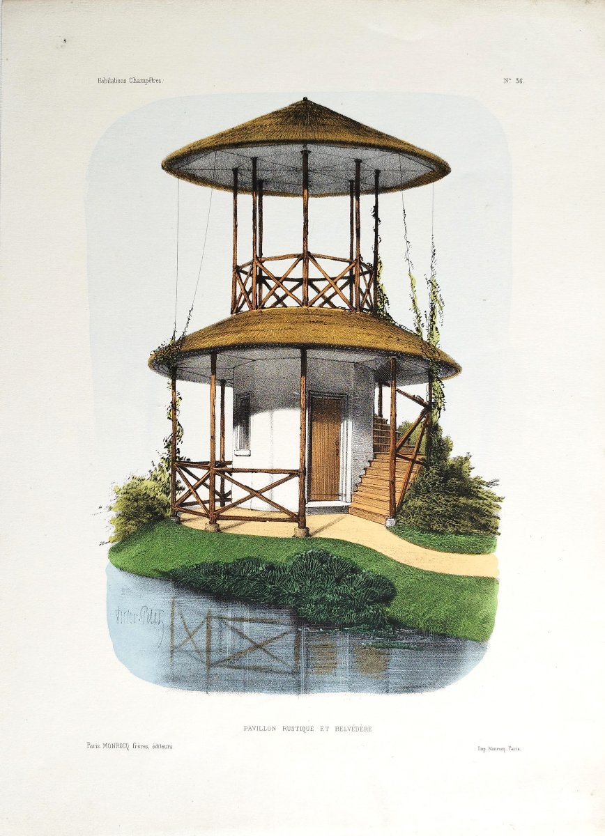 Architecture Pavilion And Belvedere Watercolored Lithograph By Victor Petit 19th Century-photo-3