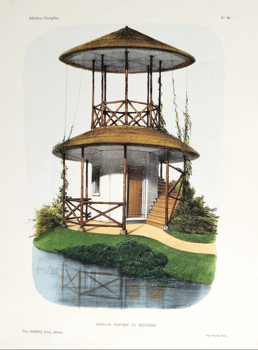 Architecture Pavilion And Belvedere Watercolored Lithograph By Victor Petit 19th Century