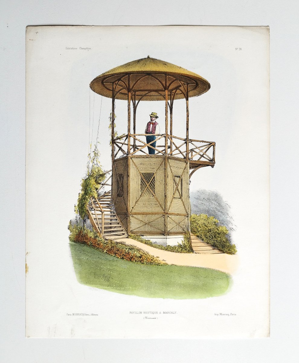 Architecture Rustic Pavilion In Marcilly Watercolored Lithograph By Victor Petit 19th C -photo-2