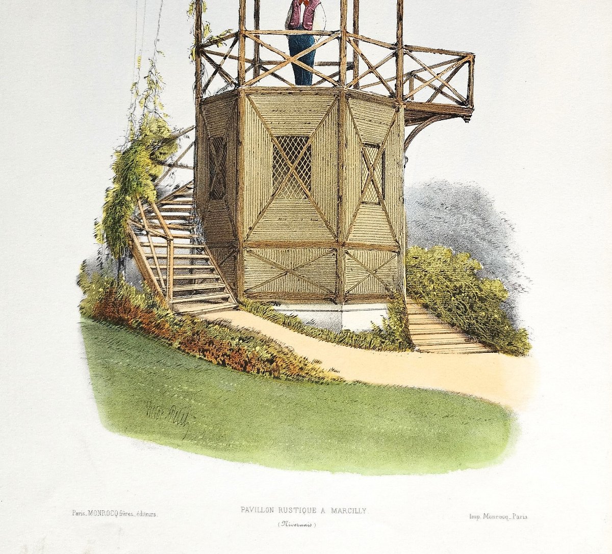 Architecture Rustic Pavilion In Marcilly Watercolored Lithograph By Victor Petit 19th C -photo-1
