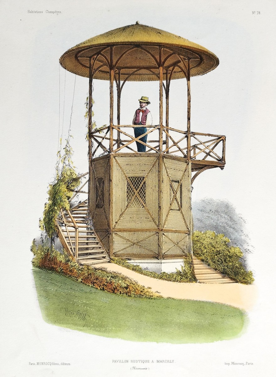 Architecture Rustic Pavilion In Marcilly Watercolored Lithograph By Victor Petit 19th C 