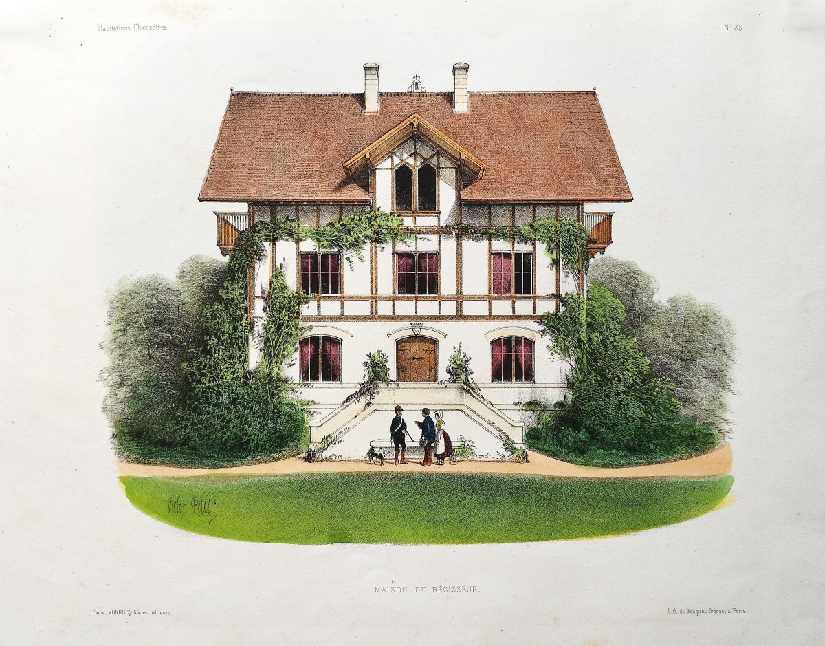 Architecture House Manager Watercolored Lithograph By Victor Petit 19 Th C Old Print
